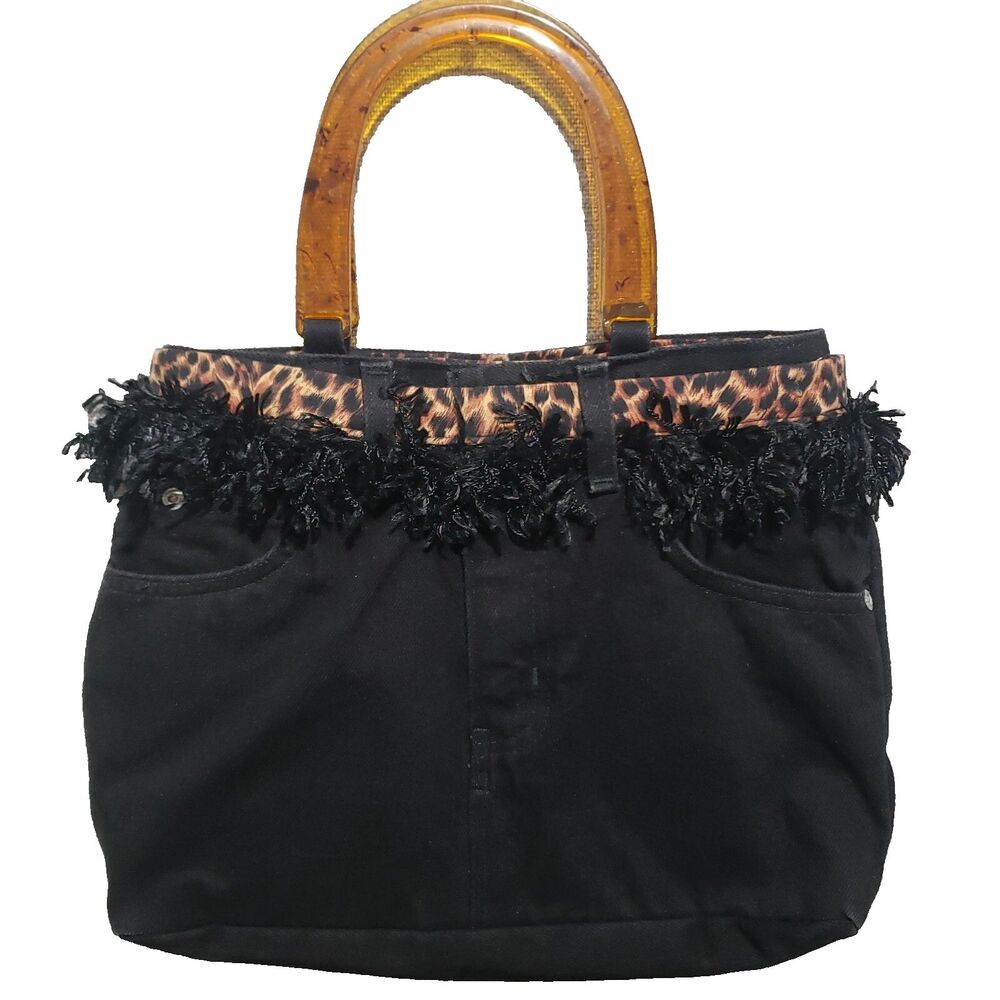 Black Denim Shorts Shape Handbag Purse Animal Print LiningFringe Plastic Holders